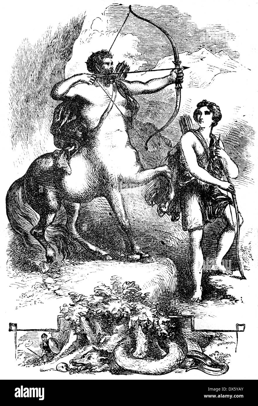 Chiron and Jason, illustration from book dated 1878 Stock Photo