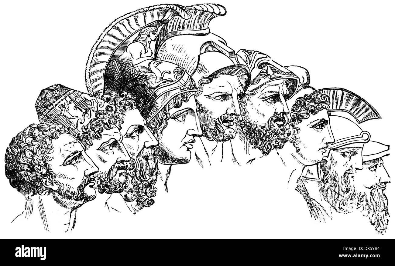 Heroes of Trojan War (Agamemnon, Achilles, Menelaus, Nestor, Odysseus, Ajax, Diomedes), illustration from book dated 1878 Stock Photo