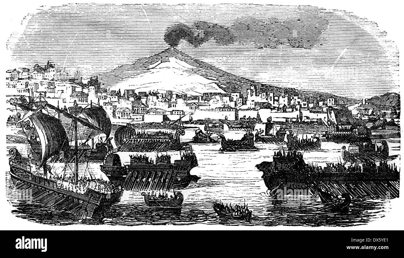 Fleet of Athens in Syracuse bay, Sicily, illustration from book dated 1878 Stock Photo