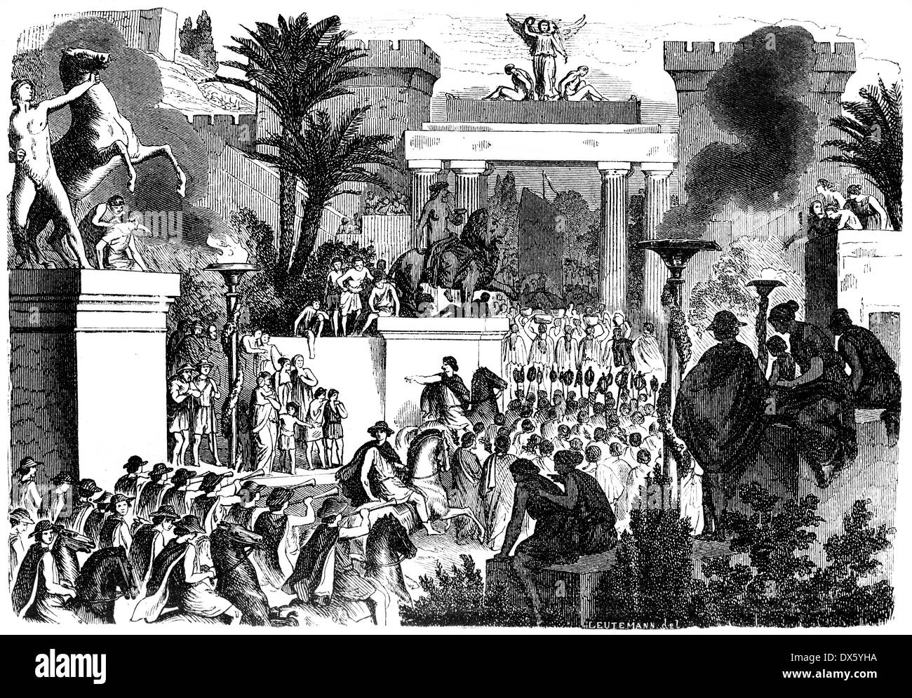 Holiday demonstration in ancient Greece, illustration from book dated 1878 Stock Photo