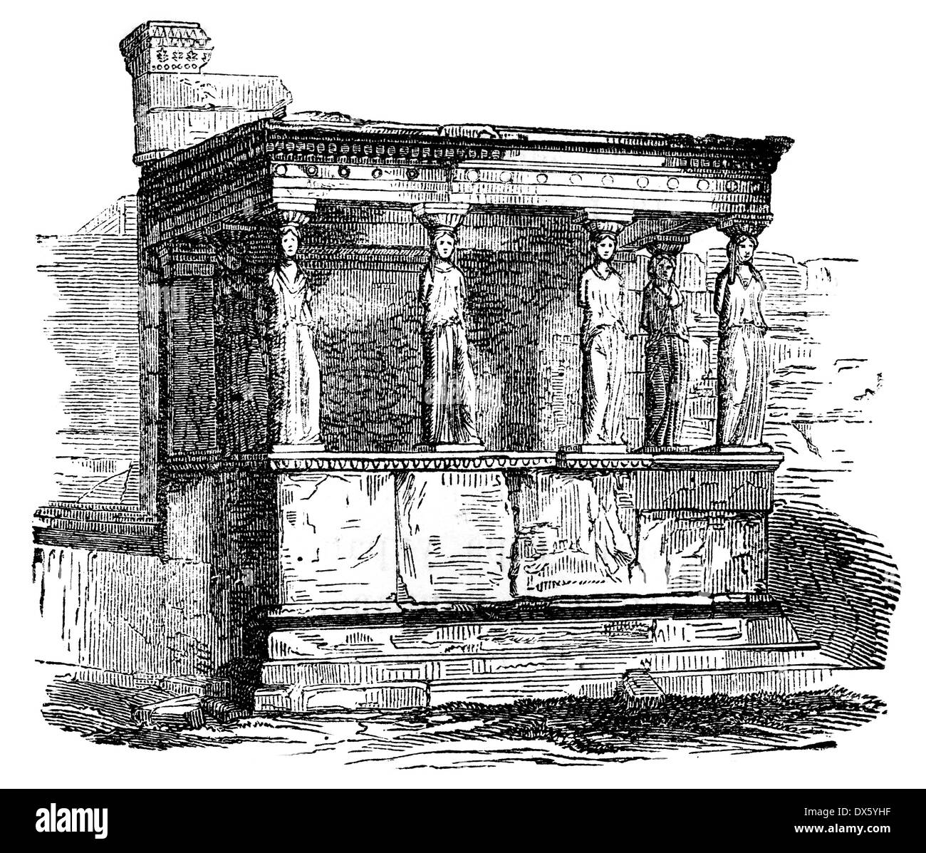 Porch of the Caryatids, Erechtheion temple, Athens, Greece, illustration from book dated 1878 Stock Photo