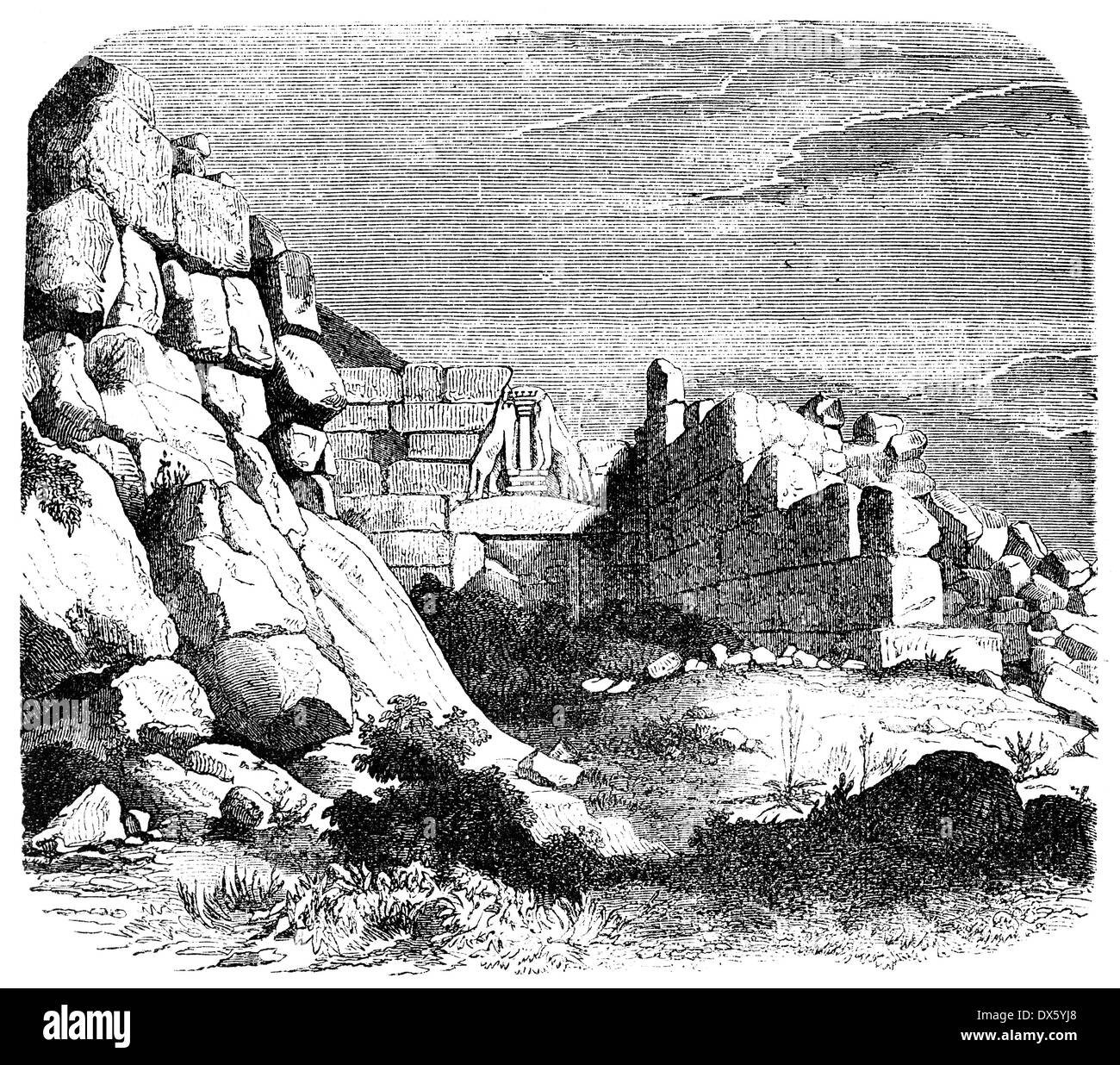 Lion Gate in Mycenae, illustration from book dated 1878 Stock Photo