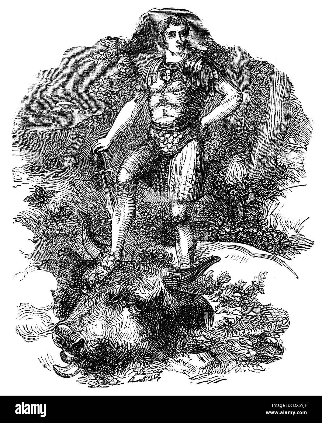 Theseus Slaying Minotaur, illustration from book dated 1878 Stock Photo