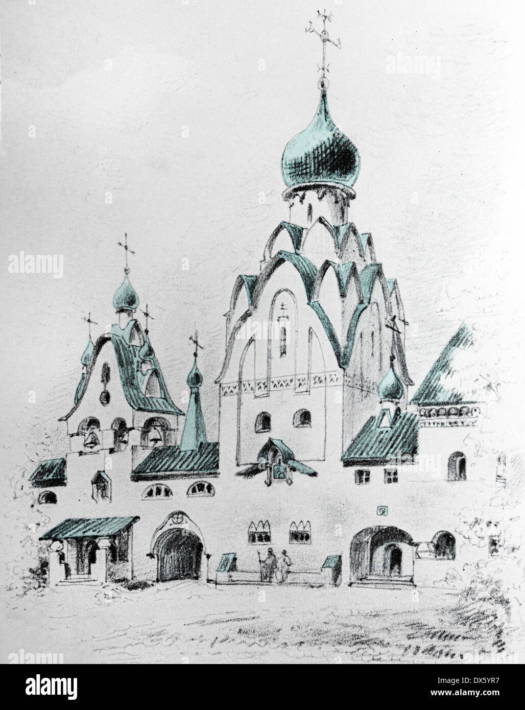Vintage drawing of fantasy ancient church in Russian style, illustration from book dated 1911 Stock Photo