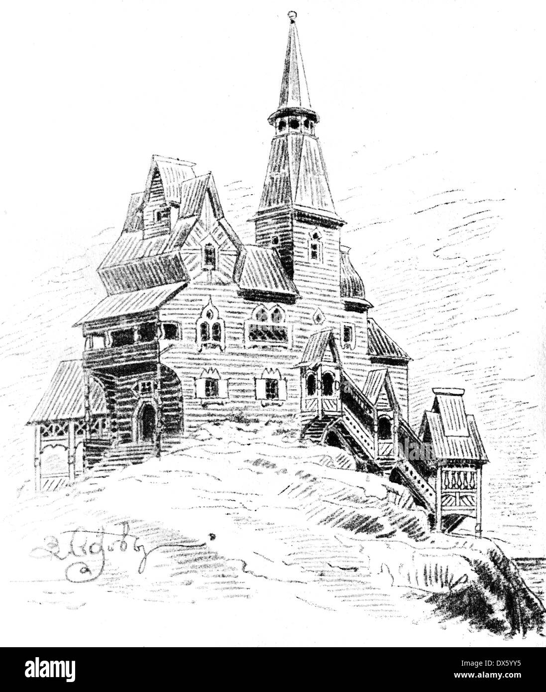 Vintage drawing of fantasy ancient church in Russian style, illustration from book dated 1911 Stock Photo