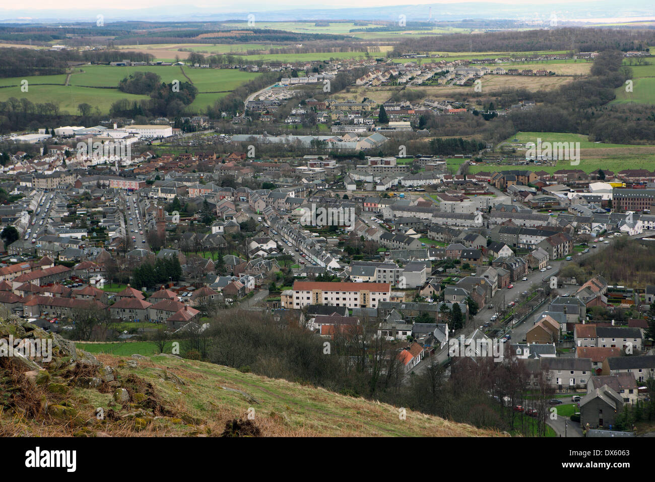 Tillicoultry in Clackmannanshire from the Ochil hills above the town Stock Photo