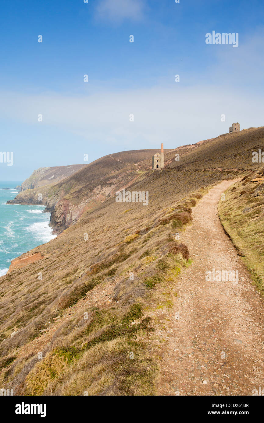 Cornwall coast path and Tin mine England UK near St Agnes Beacon landmark known as Wheal Coates Stock Photo