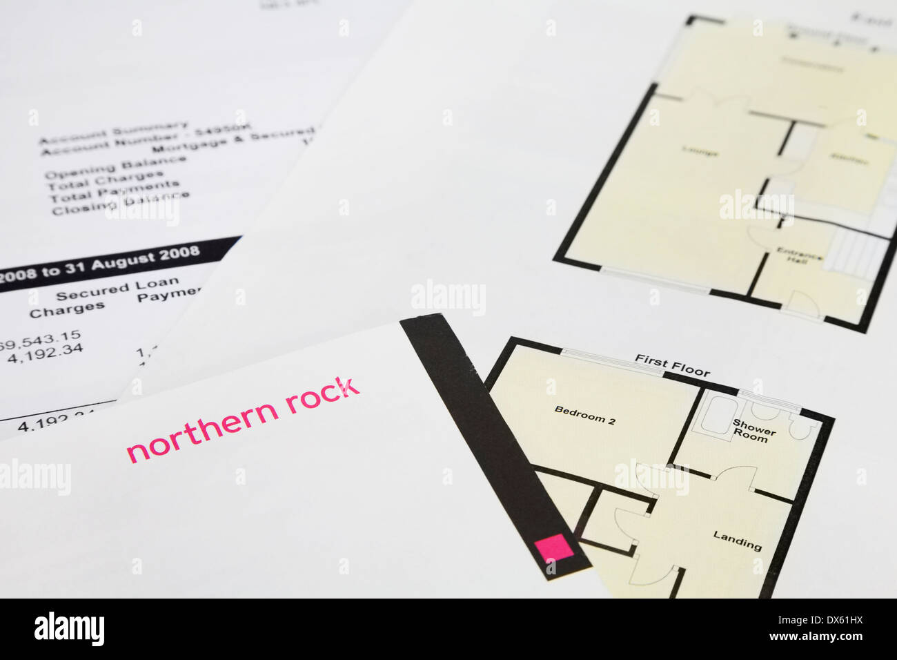 close up of a Northern Rock bank Mortgage statement and House Floor plan Stock Photo