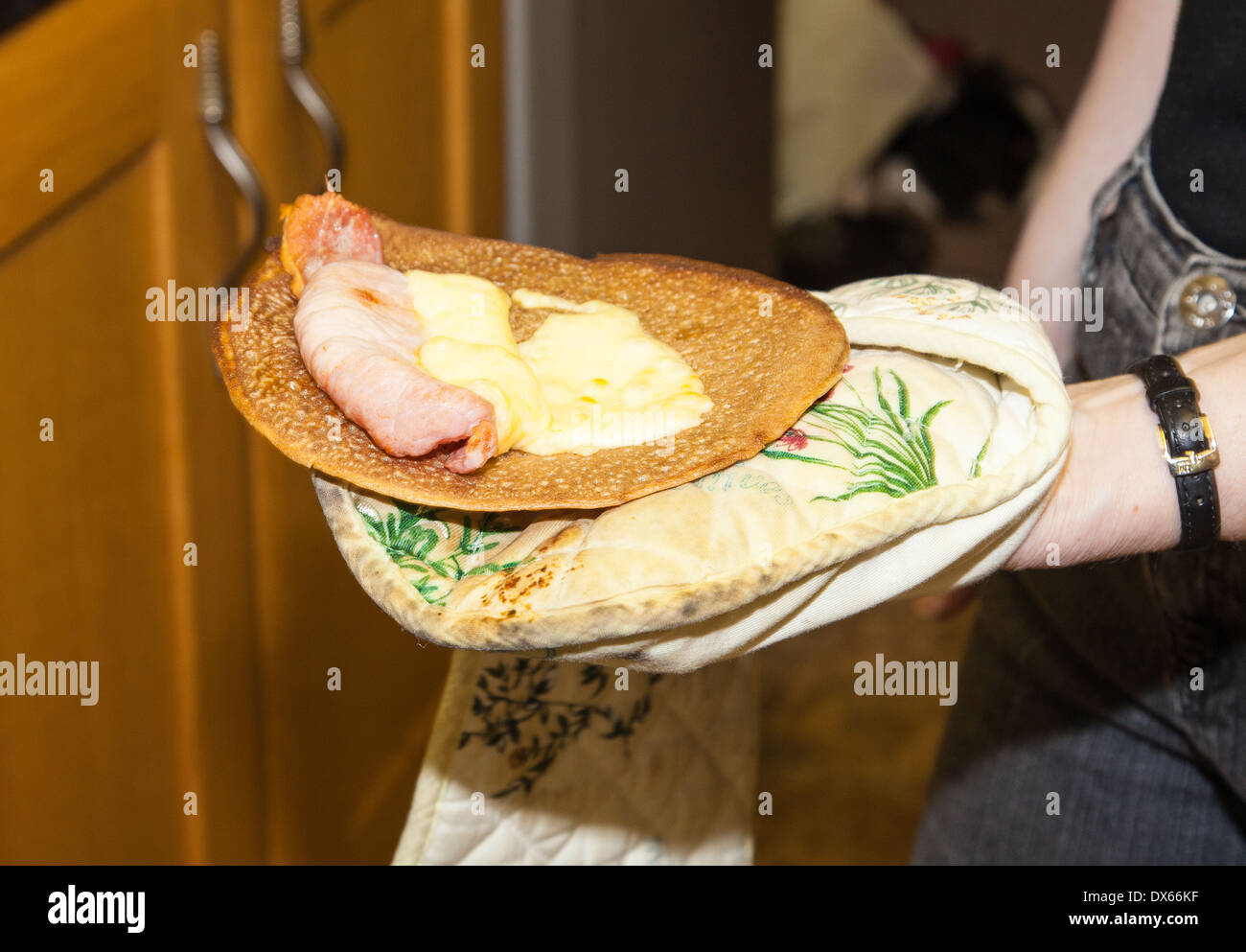 North Staffordshire Oatcakes, a regional savory delicacy from Stoke on Trent, filled with bacon and cheese Stock Photo