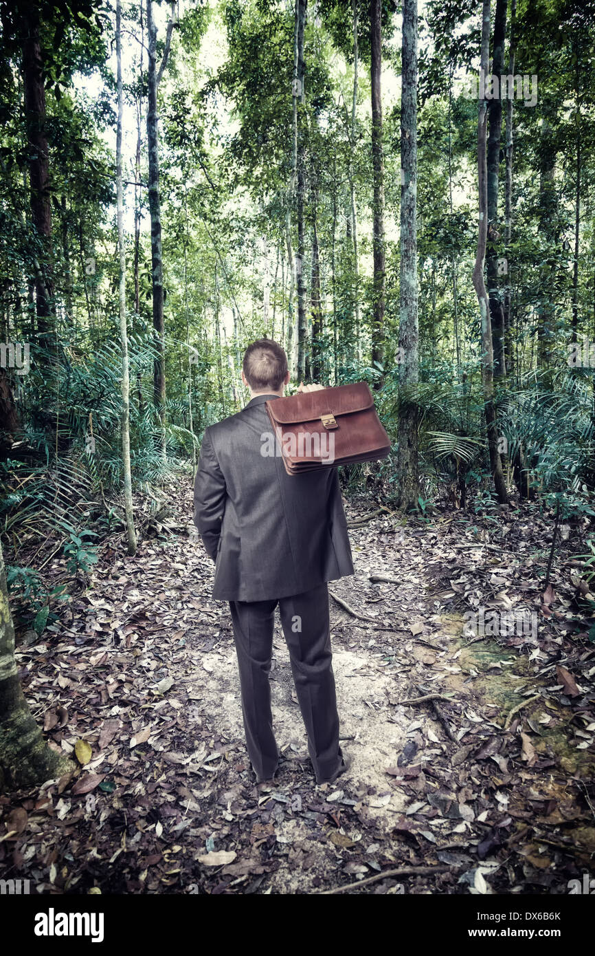 businessman lost in tropical jungle Stock Photo