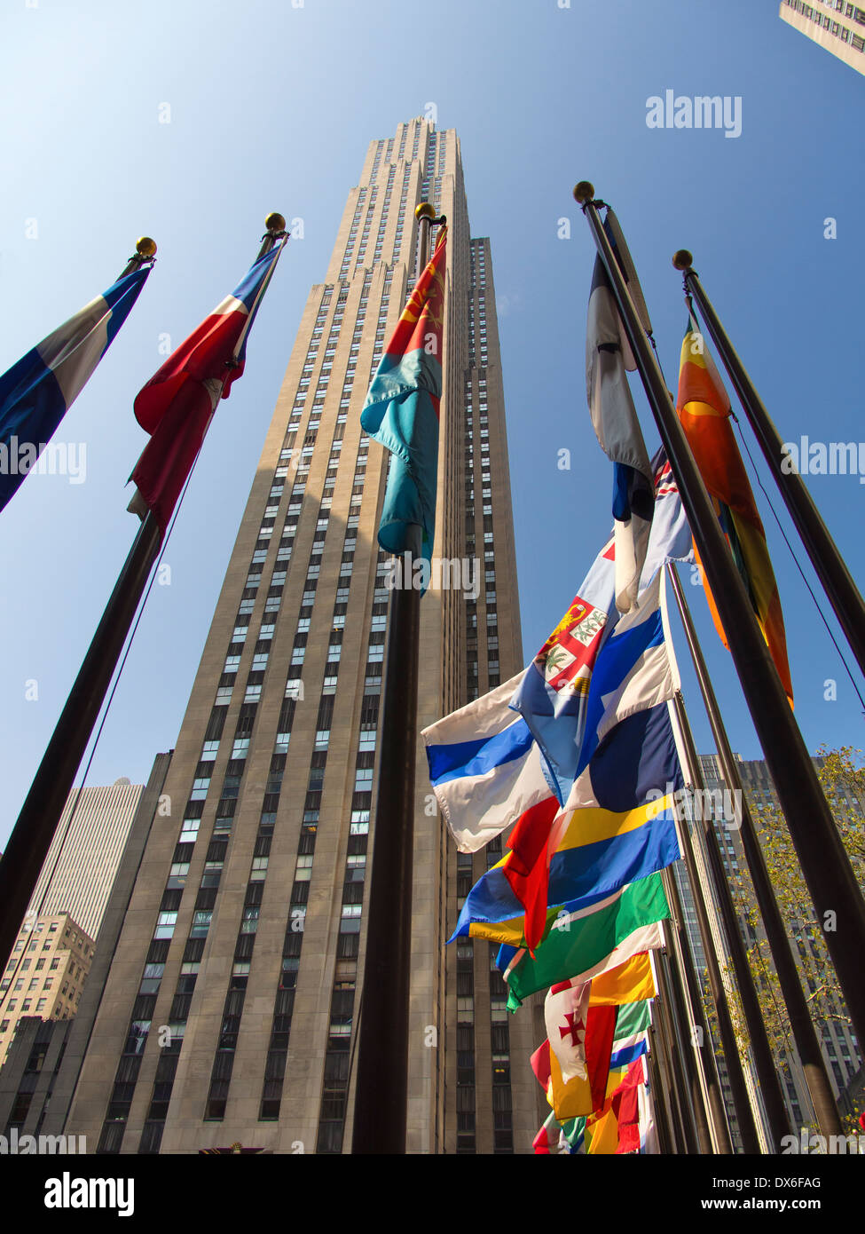Flags fluttering at the Rockefeller Centre, New York USA Stock Photo