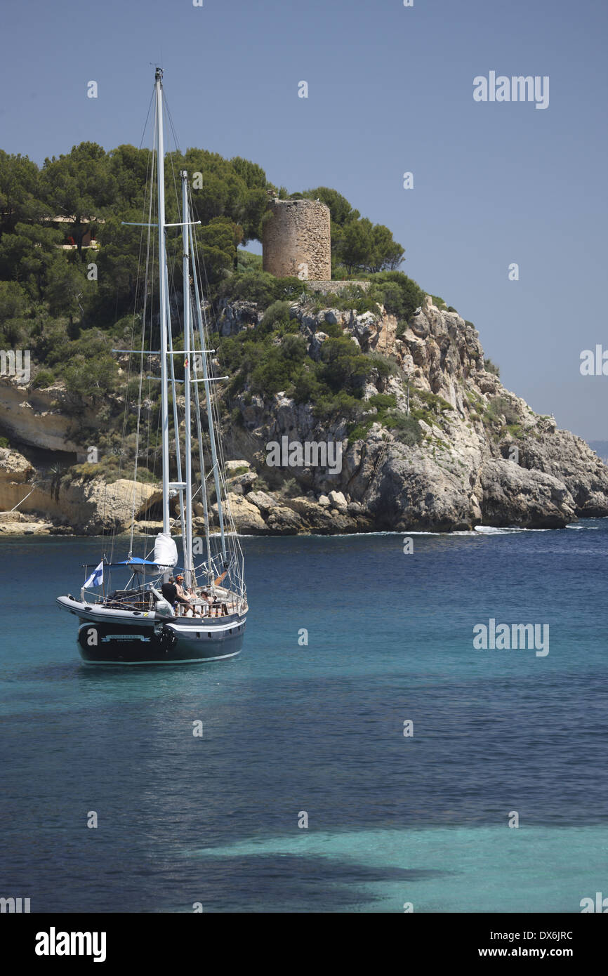 Yacht at anchor in Portals Vells, Mallorca, Spain Stock Photo