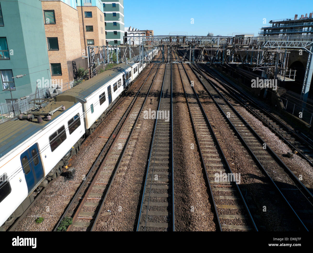 Train and railway track near Brick Lane in  Shoreditch East End London England UK  KATHY DEWITT Stock Photo