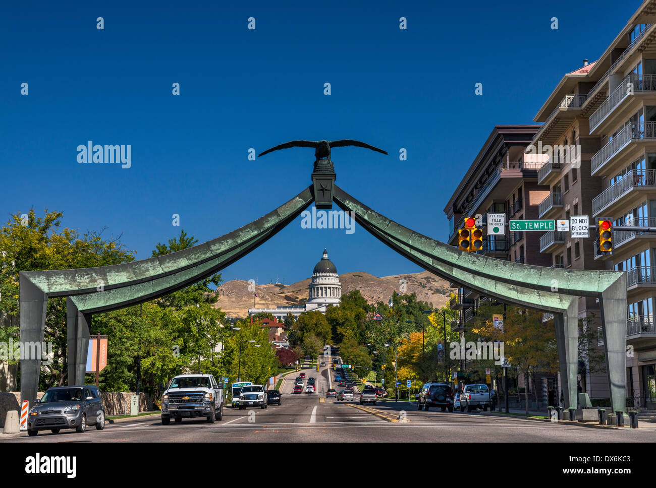 Utah State Capitol, seen in distance behind gate on State Street, Downtown Salt Lake City, Utah, USA Stock Photo