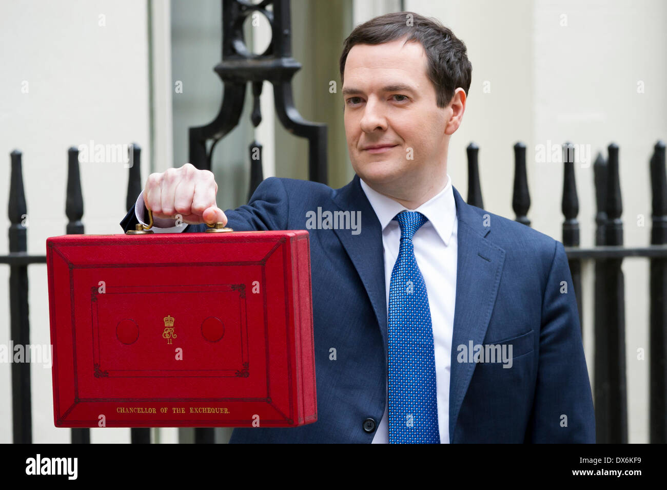 Chancellor of the Exchequer George Osborne outside 11 Downing Street before heading to the House of Commons to deliver his annua Stock Photo