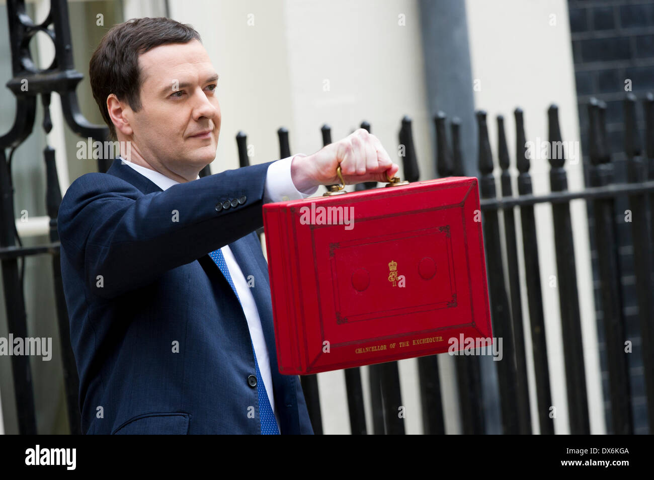 Chancellor of the Exchequer George Osborne outside 11 Downing Street before heading to the House of Commons to deliver his annua Stock Photo