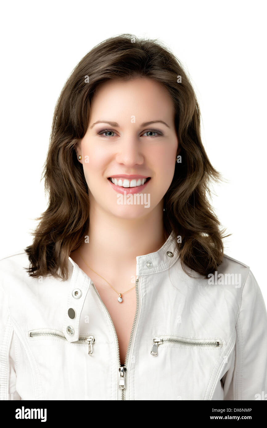 Portrait of a brunette pretty woman with white leather jacket, isolated on white background Stock Photo
