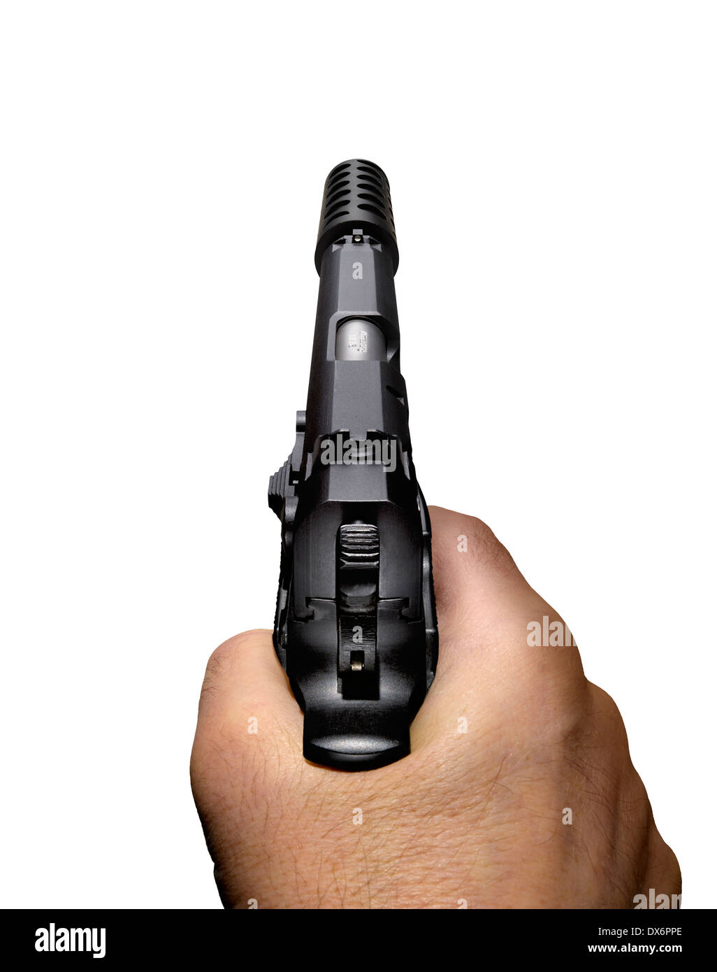 A cut out shot of a hand holding and pointing a hand gun with silencer attached. Stock Photo