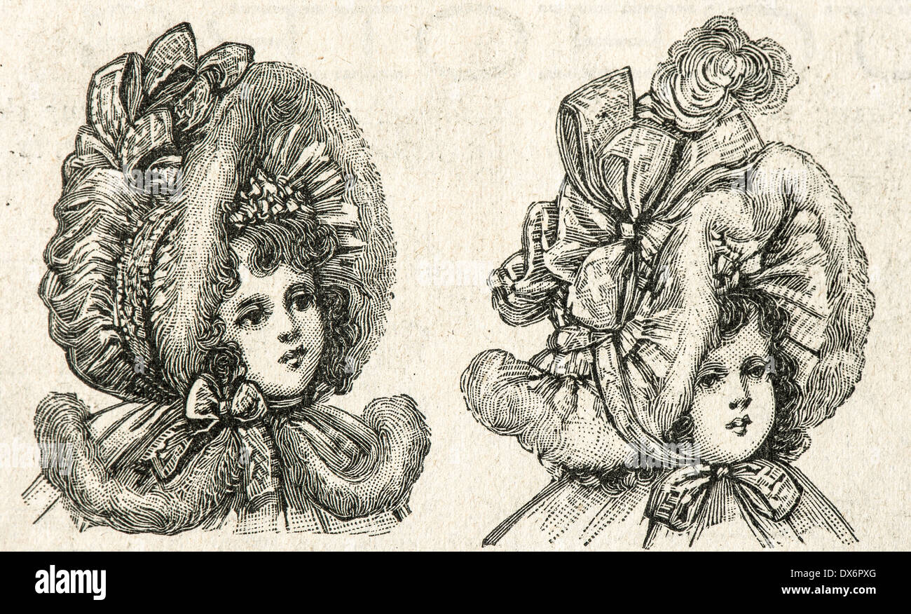 portrait of little victorian girl in vintage hat. antique engraved illustration. La Mode