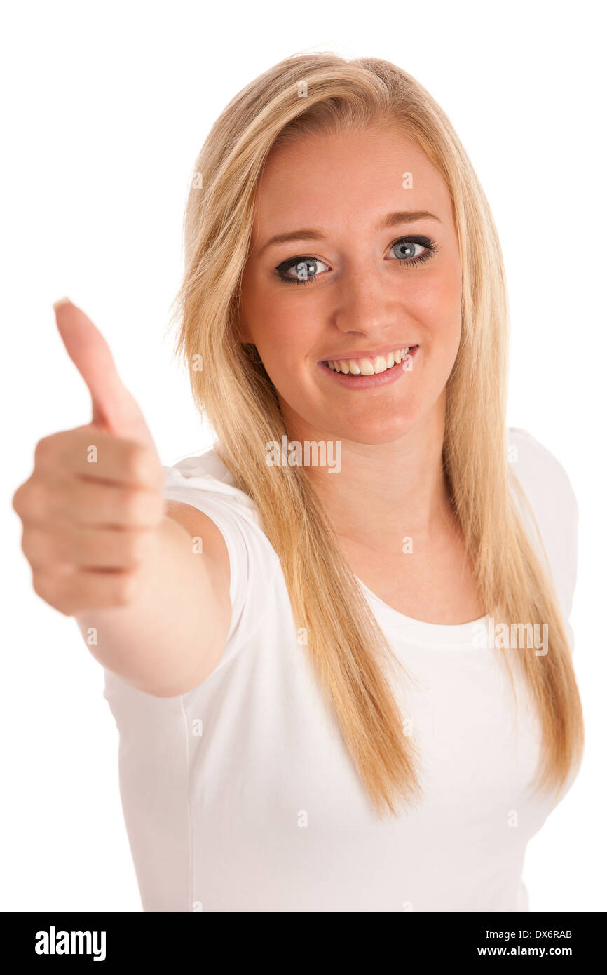 Girl Gesturing Success Young Blonde Woman Showing Thumb Up Isolated Ober White Background 8164