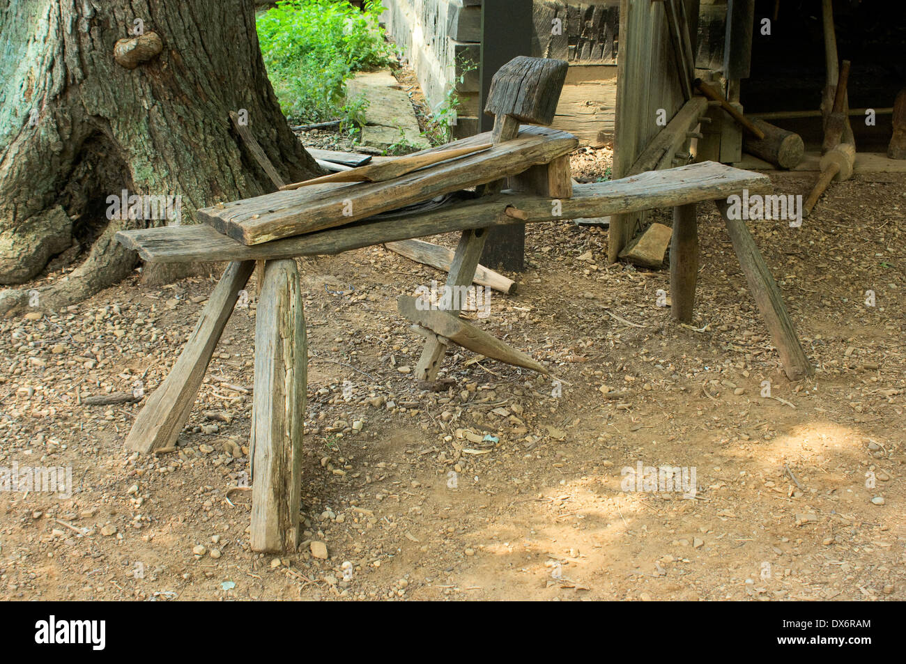 Thomas Lincoln's shave-horse, a carpenter bench (replica), Lincoln Boyhood National Memorial, Indiana. Digital photograph Stock Photo
