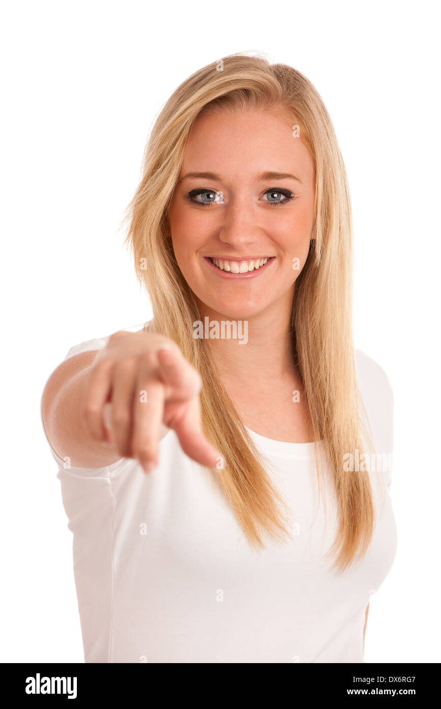 Attractive young blonde gitl pointing index finger isolated over white Stock Photo