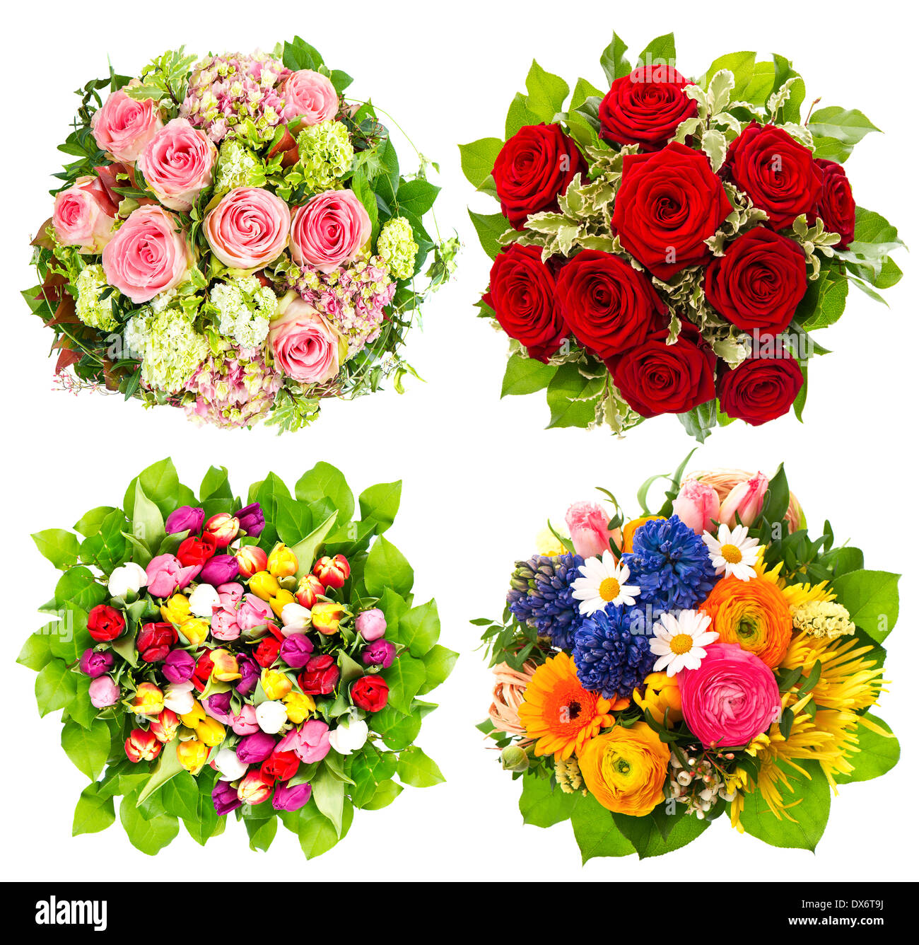 four colorful flowers bouquet for Birthday, Wedding, Mothers Day, Easter Stock Photo