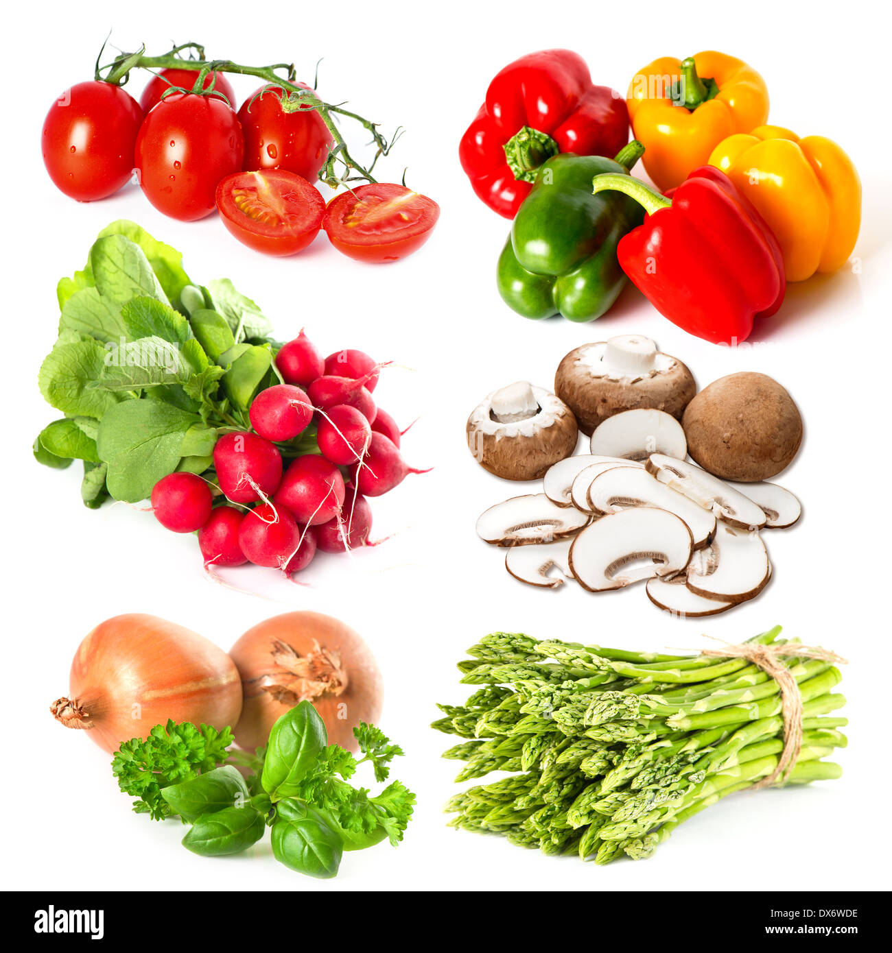 set of frech vegetables and herbs on white background. tomato, asparagus, onion, radish, basil, parsley, pepper, mushrooms Stock Photo