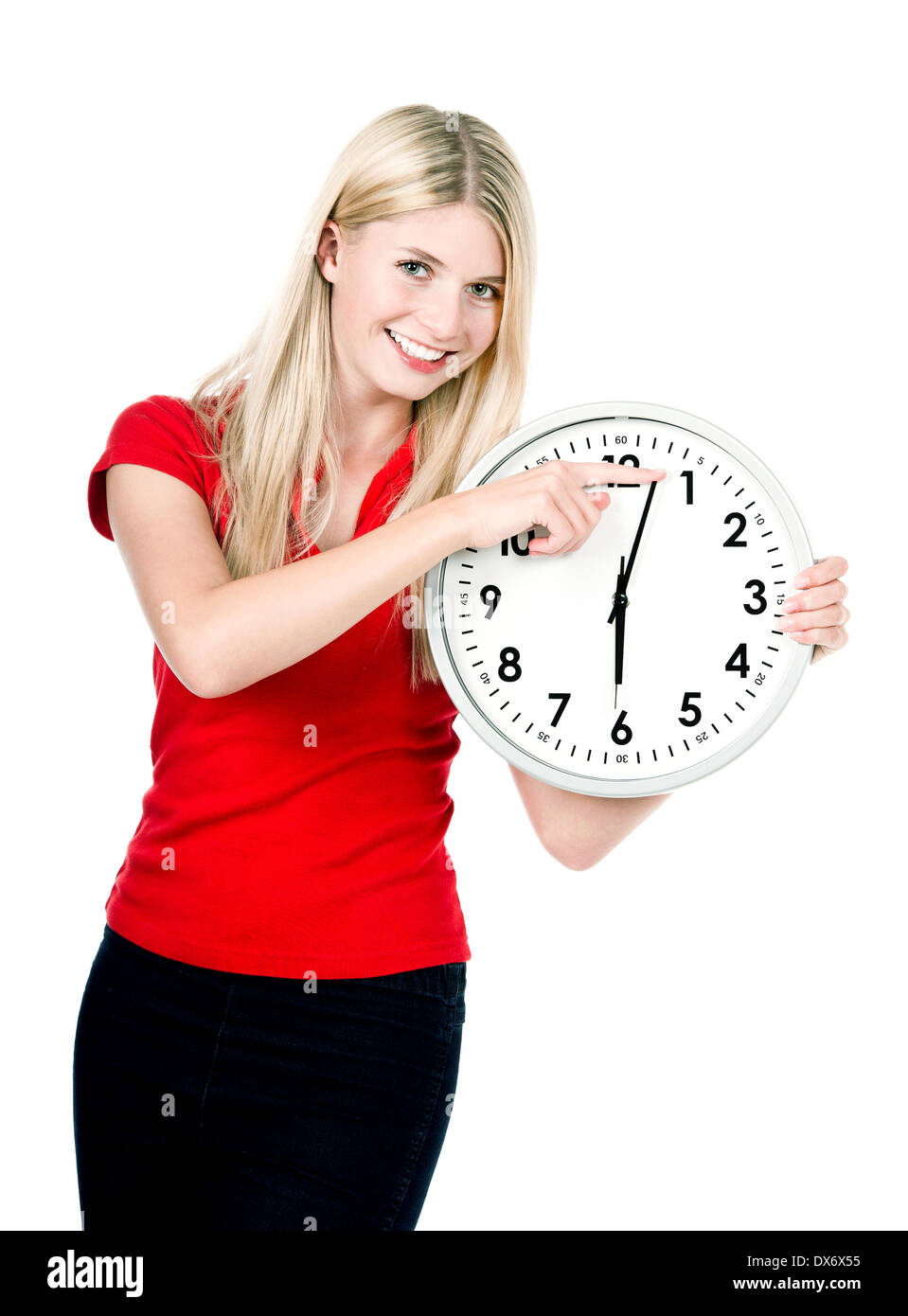 Ladies Time Sign young beautiful woman with a clock isolated on white background. time ...