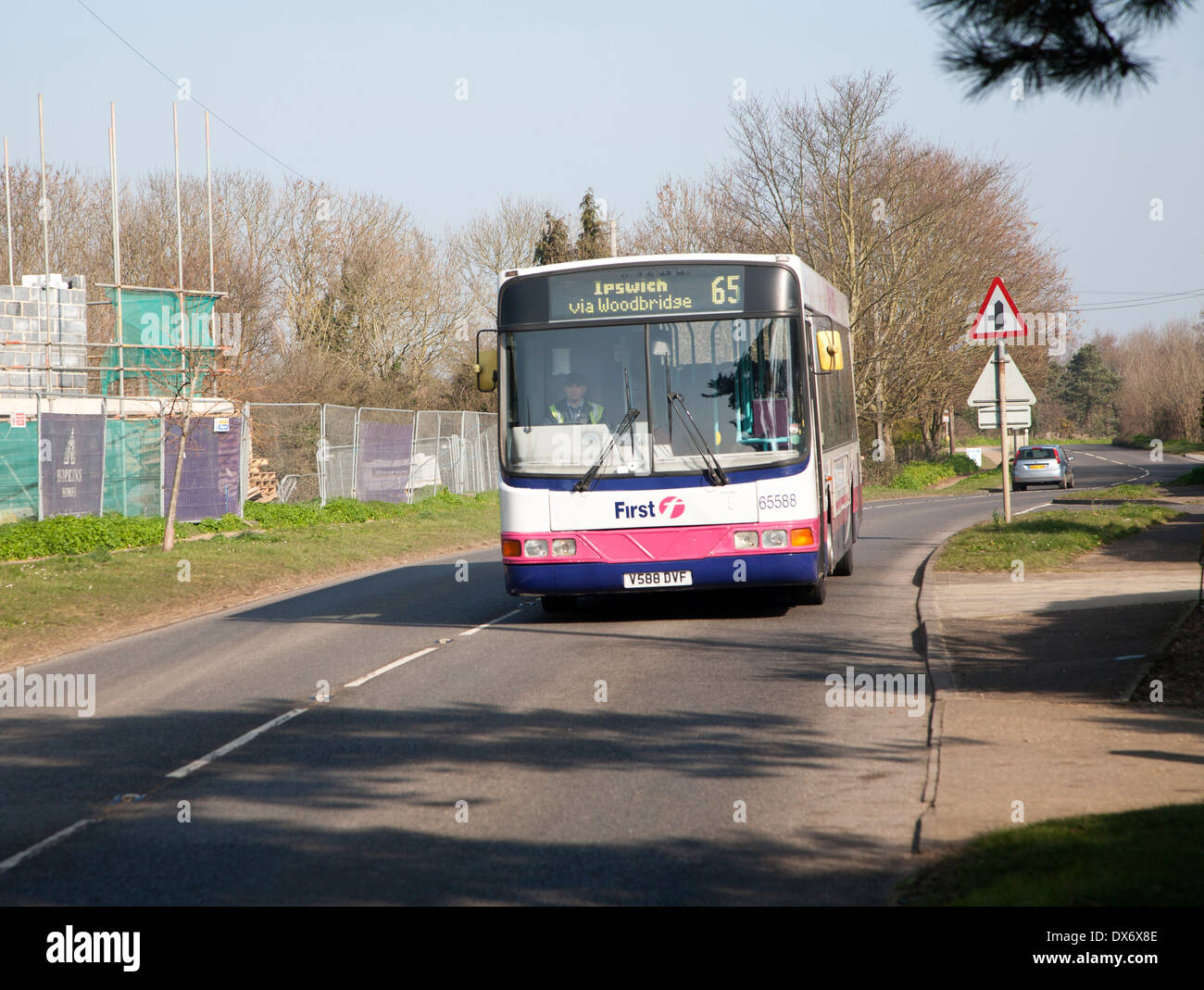 Country bus operated by First Bus Group transport company, Snape, Suffolk, England Stock Photo