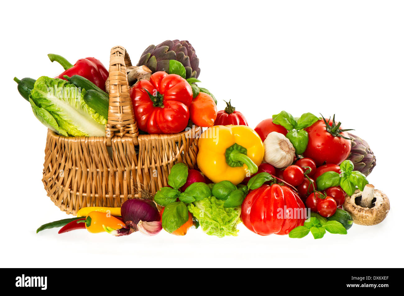 shopping basket with healthy fresh vegetables. organic diary products. food background. nutrition Stock Photo