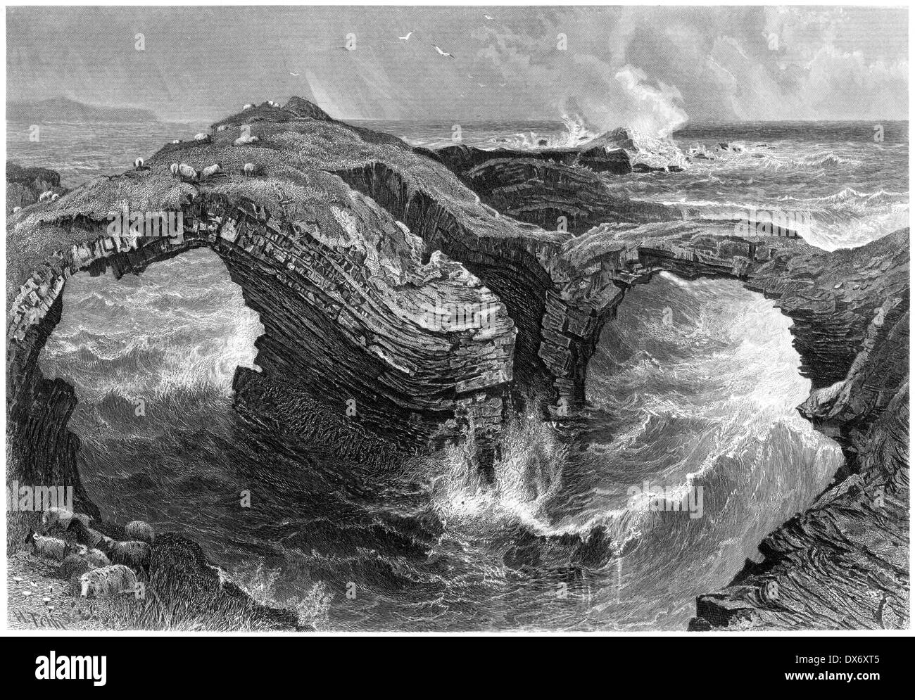 An engraving entitled 'Rocks at Ross, near Kilkee, Ireland' scanned at high resolution from a book published in 1880. Stock Photo