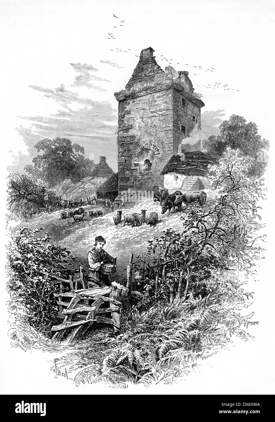 An engraving entitled 'Johnny Armstrong's Tower' scanned at high resolution from a book published in 1880. Gilnockie Tower house Stock Photo