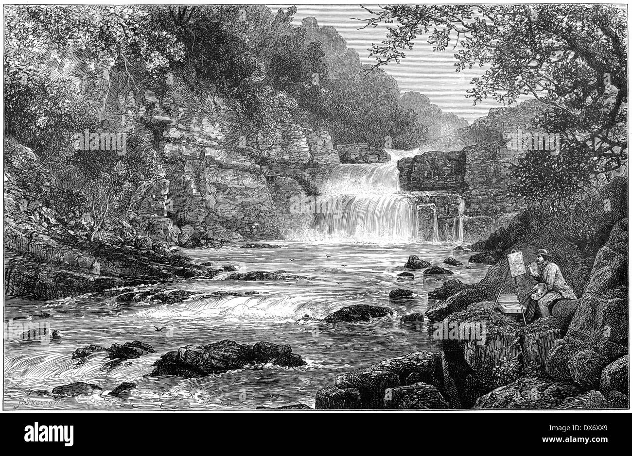 An engraving entitled 'Stonebyres Falls on the Clyde, near Lanark' scanned at high resolution from a book published in 1880. Stock Photo