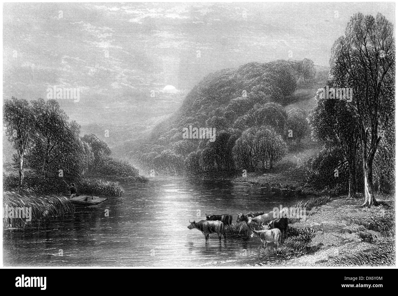 An engraving entitled 'On the Dart, near Totnes' scanned at high resolution from a book published in 1880. Stock Photo