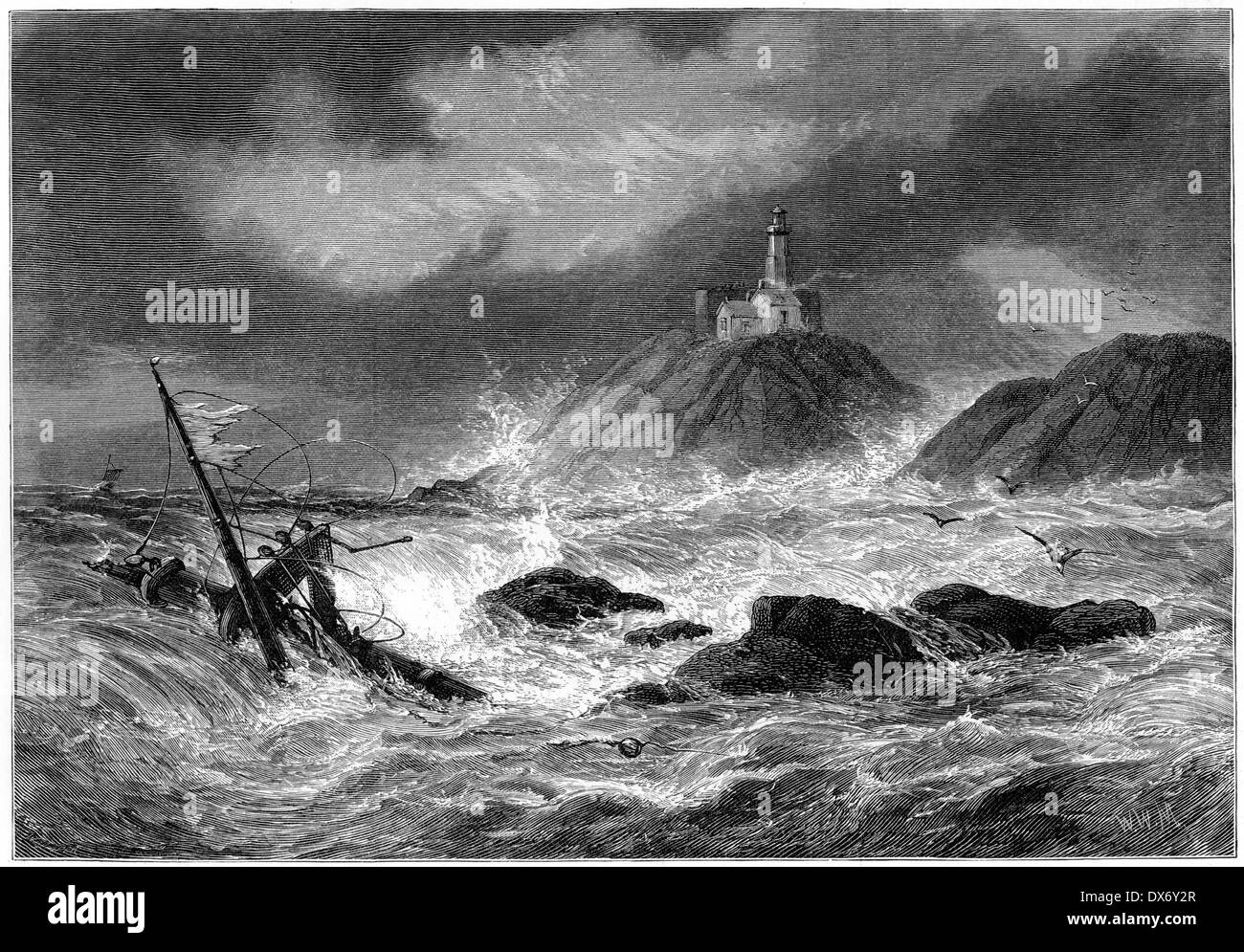 An engraving entitled 'Mumbles Rocks and Lighthouse, near Swansea' scanned at high resolution from a book published in 1880. Stock Photo