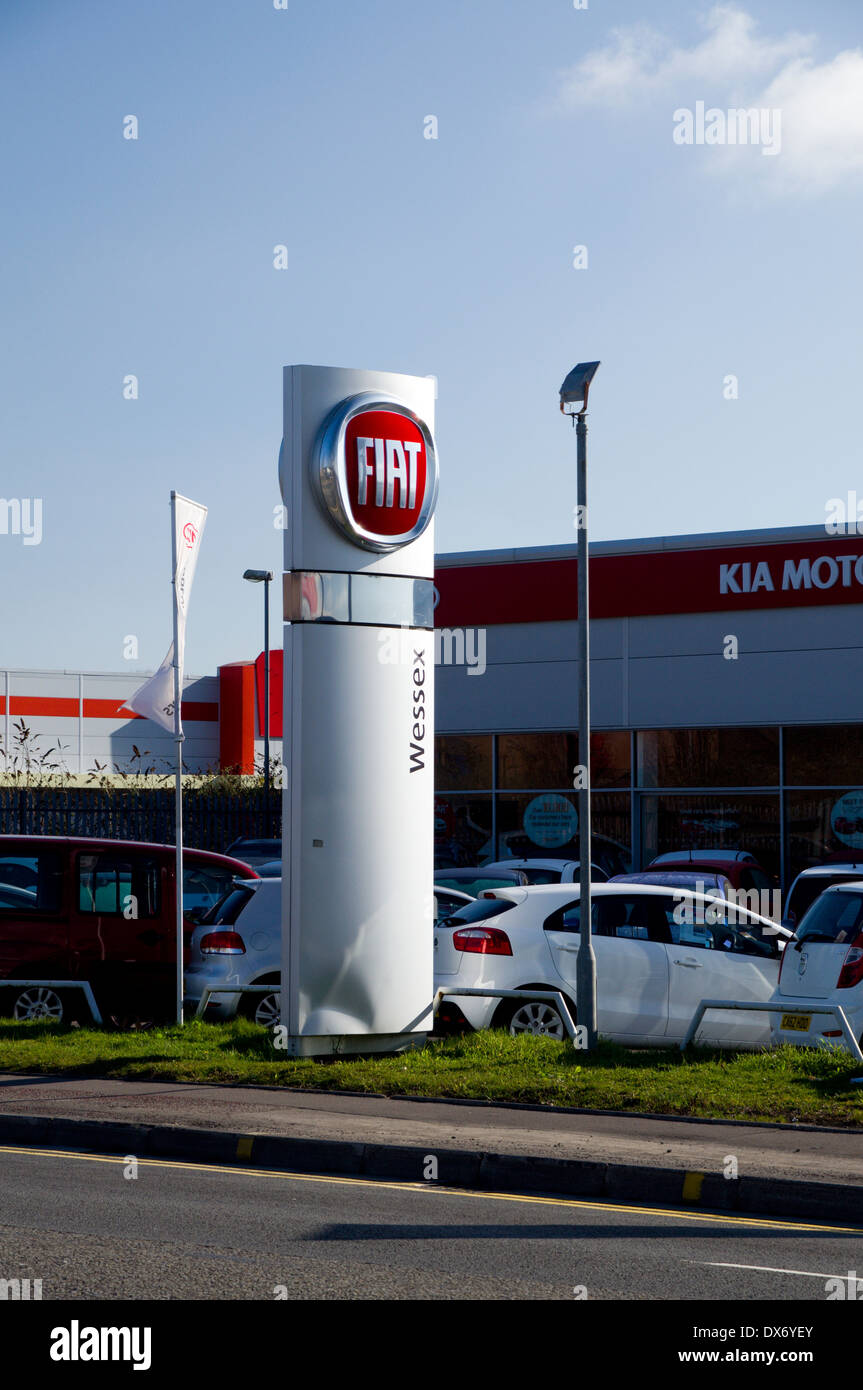 Fiat sign outside of car dealership, Penarth Road, Cardiff, Wales. Stock Photo