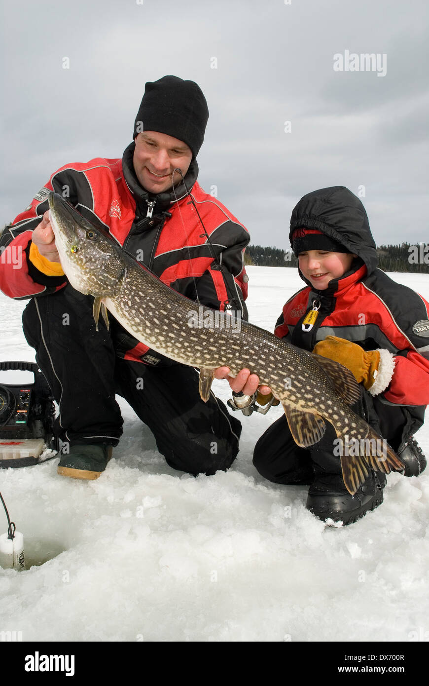 A father and son hold a huge northern pike near their ice fishing hole. Stock Photo