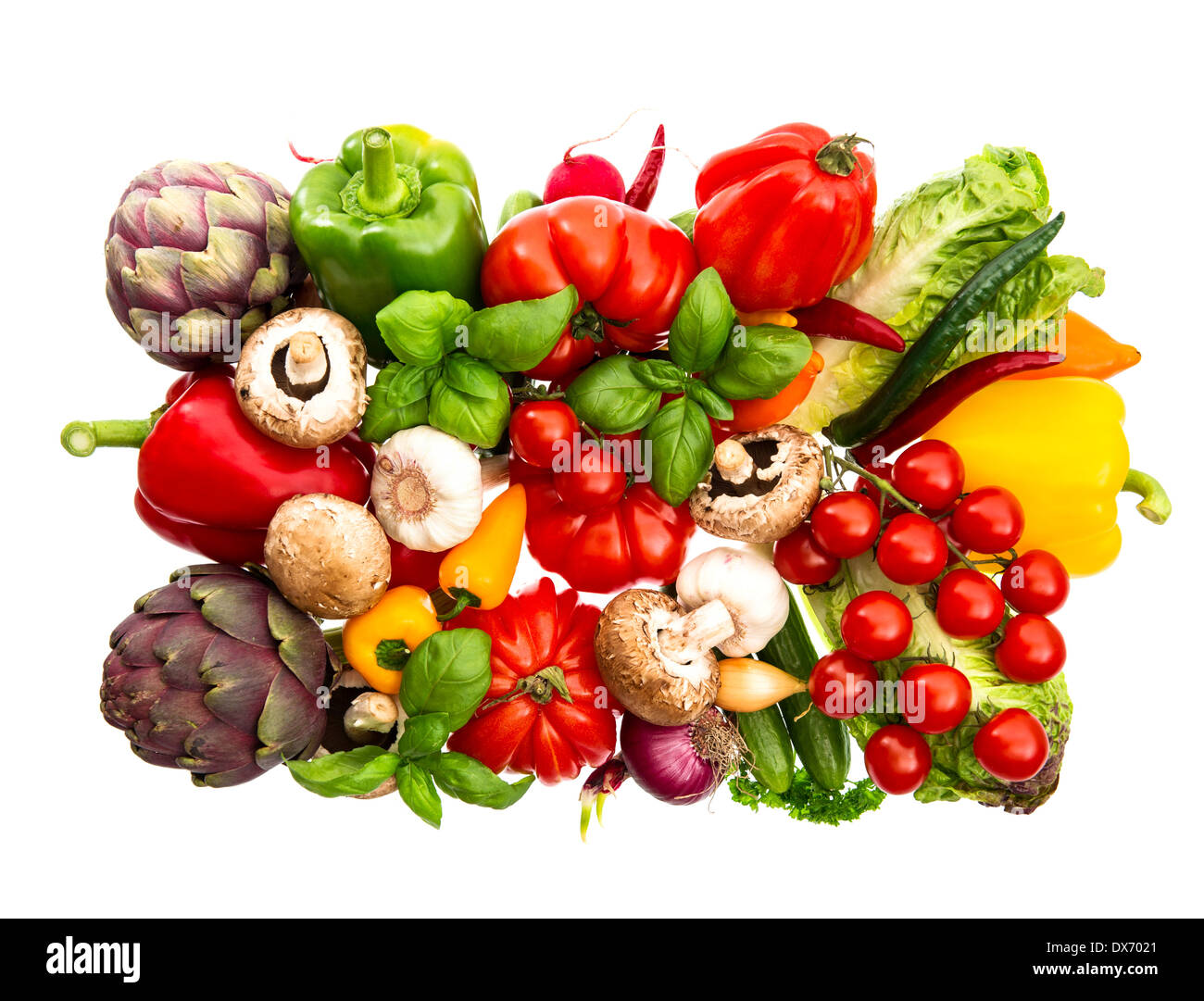 fresh vegetables and herbs isolated on white background. raw food. tomato, paprika, artichoke, mushrooms; cucumber, Stock Photo