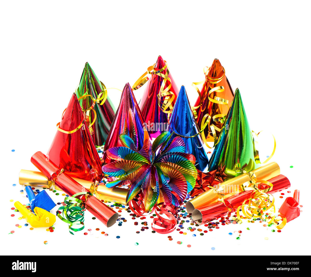 colorful garlands, streamer, party hats and confetti on white background. carnival decoration Stock Photo