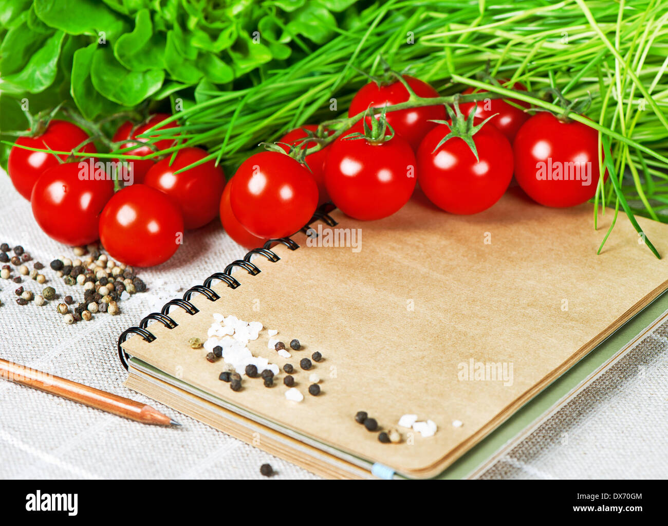 open recipe book with vegetables. tomatoes, chives and spices. healthy food Stock Photo