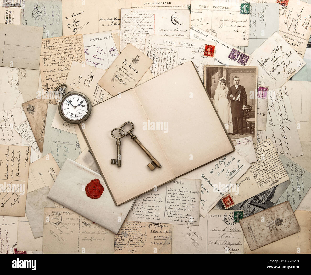 antique letters and postcards, old weding photo. nostalgic vintage