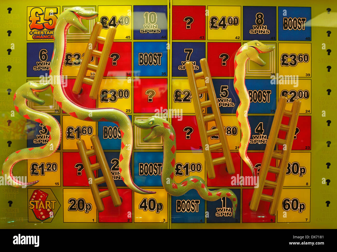 Panel of a funfair snakes and ladders game. Stock Photo
