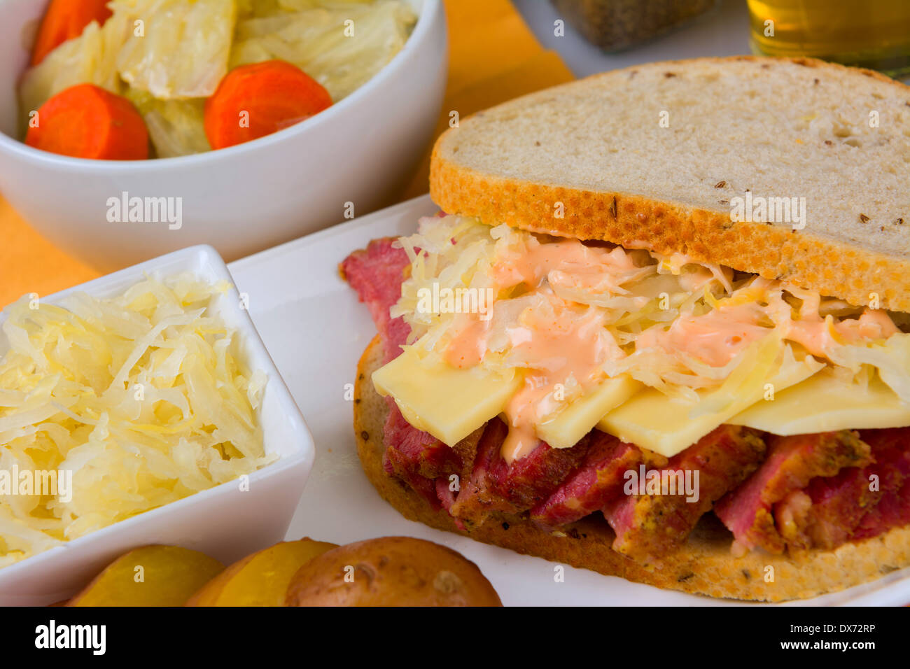 St Patricks Day Reuben Sandwich with Corned Beef, Sauer Kraut, Swiss