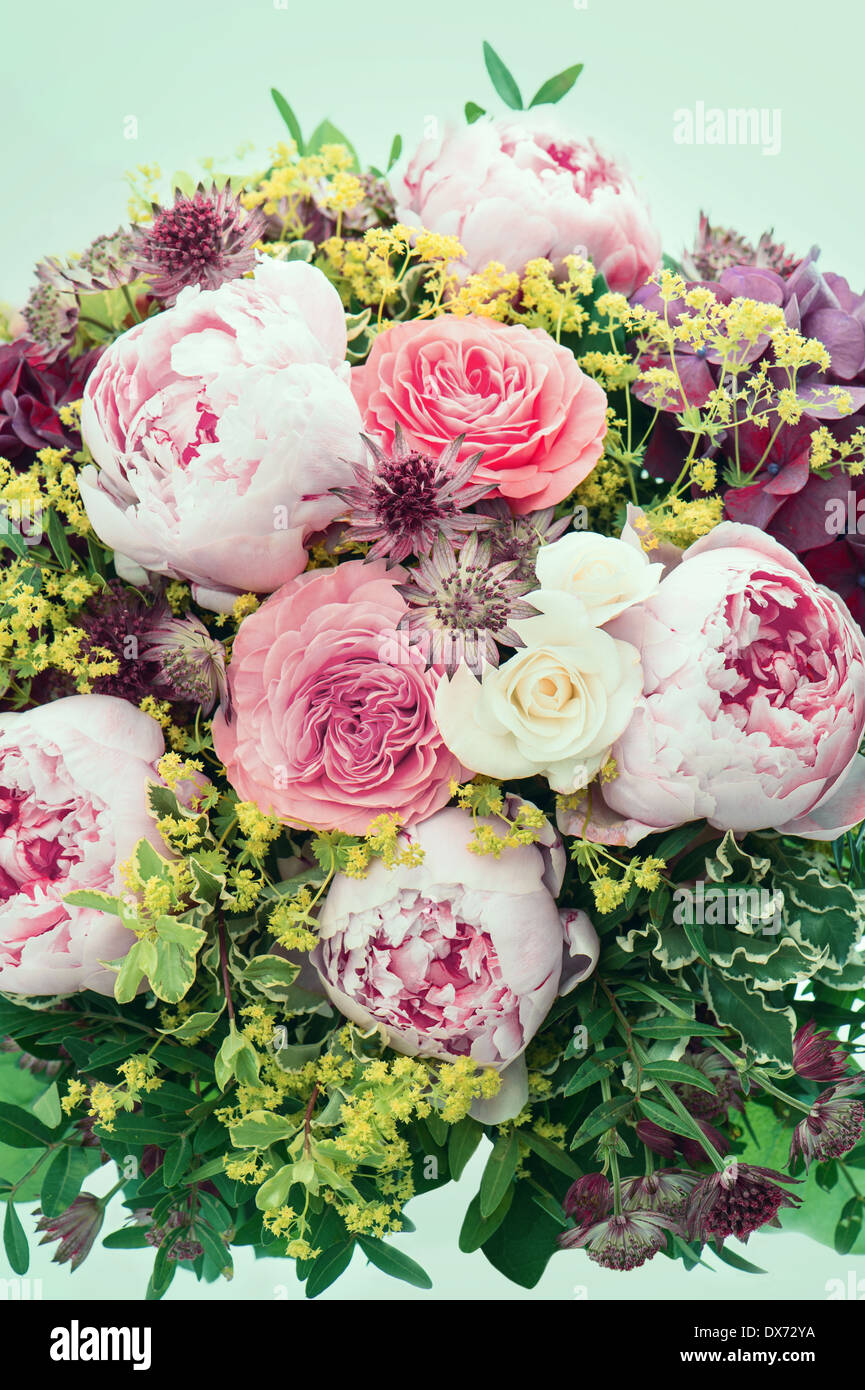closeup of beautiful pink peony flowers. festive blooms arrangement. retro style picture Stock Photo