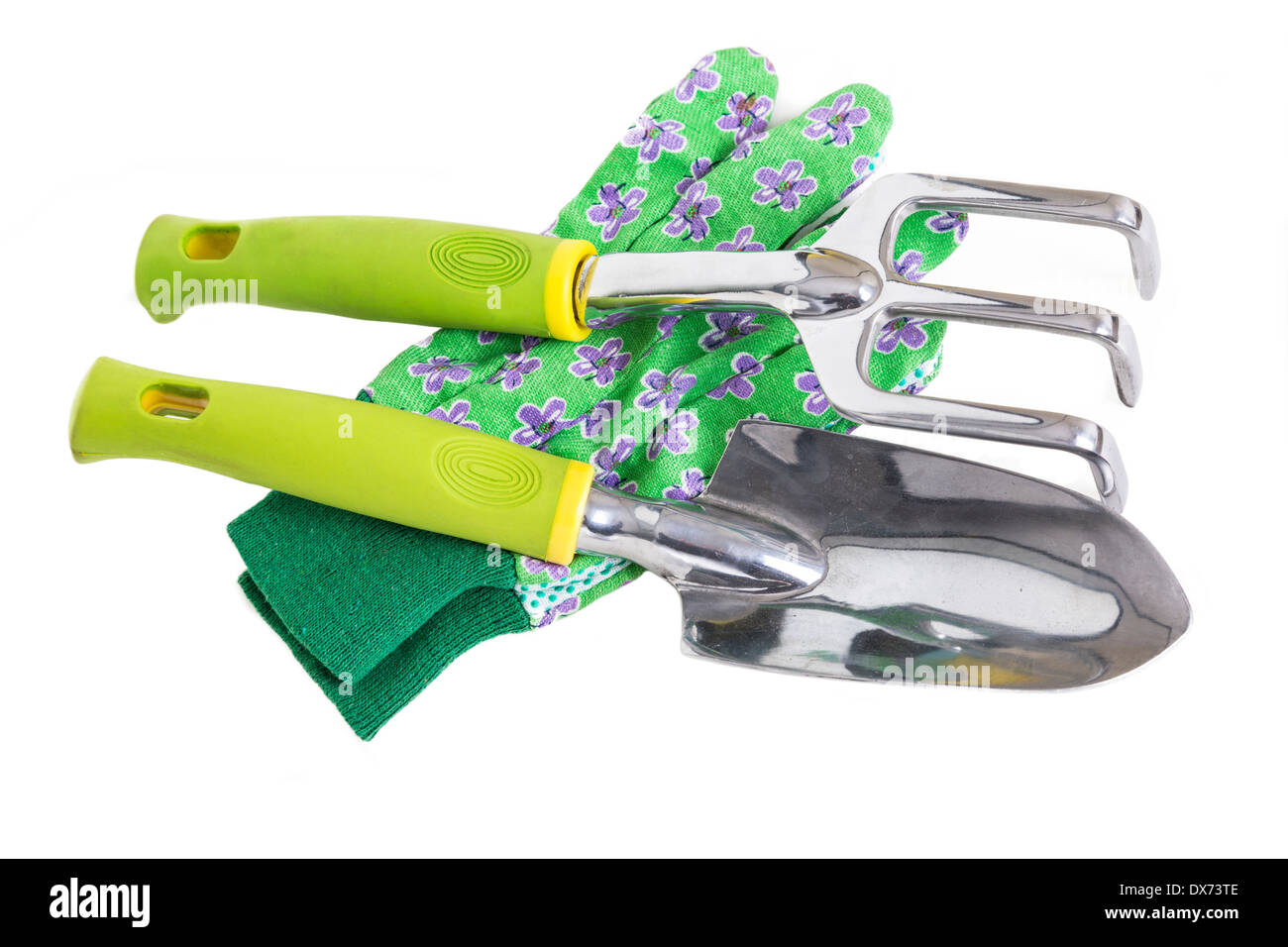 Garden gloves, trowel and hand rake on white Stock Photo Alamy
