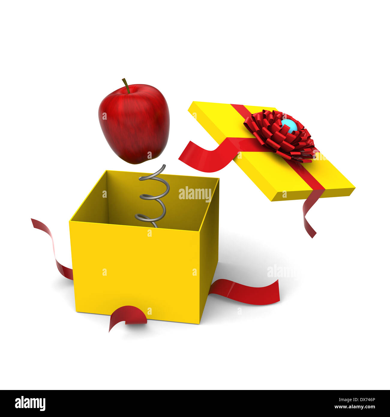 3D model of red apple springing out from a yellow gift box Stock Photo