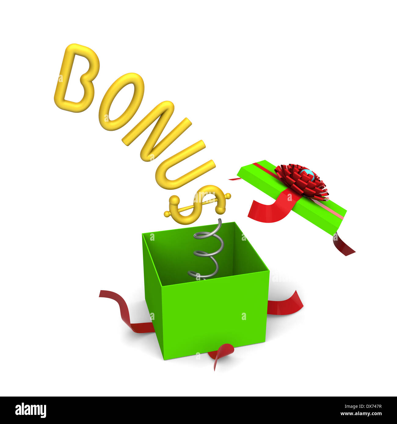 3D of bonus symbol springing out from a green gift box Stock Photo