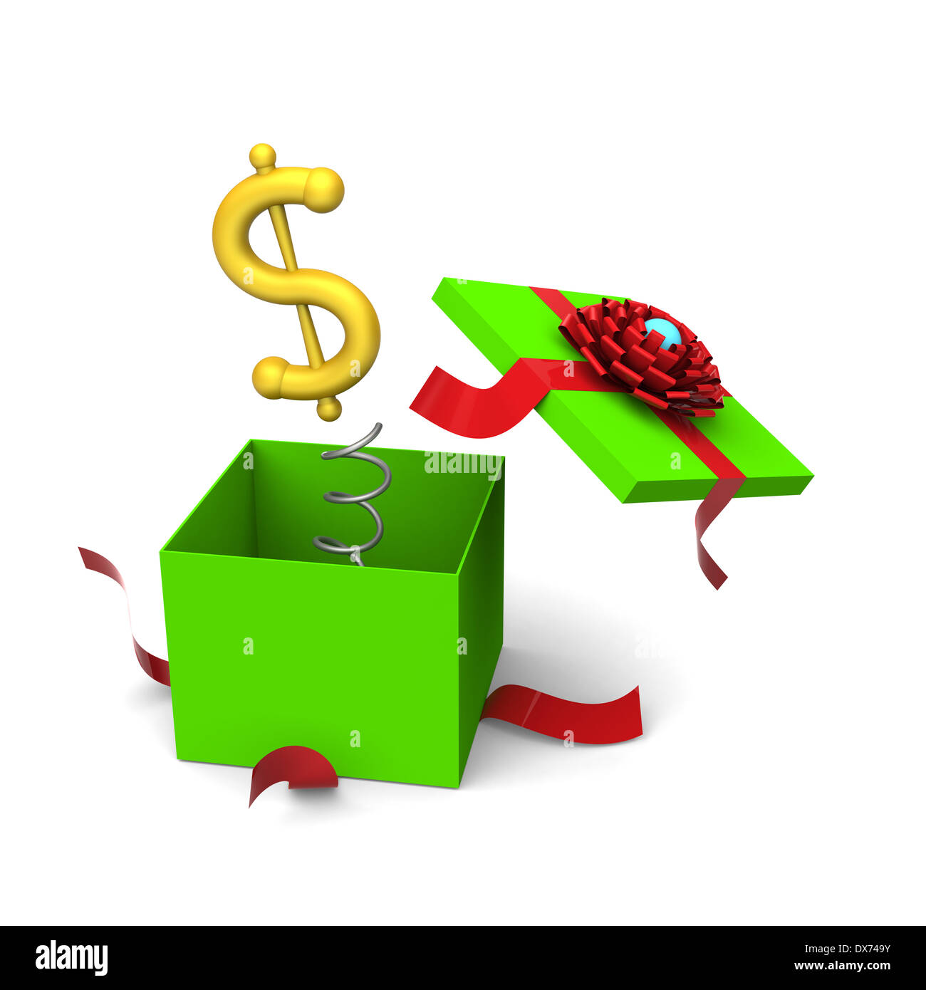 3D of dollar symbol springing out from a green gift box Stock Photo