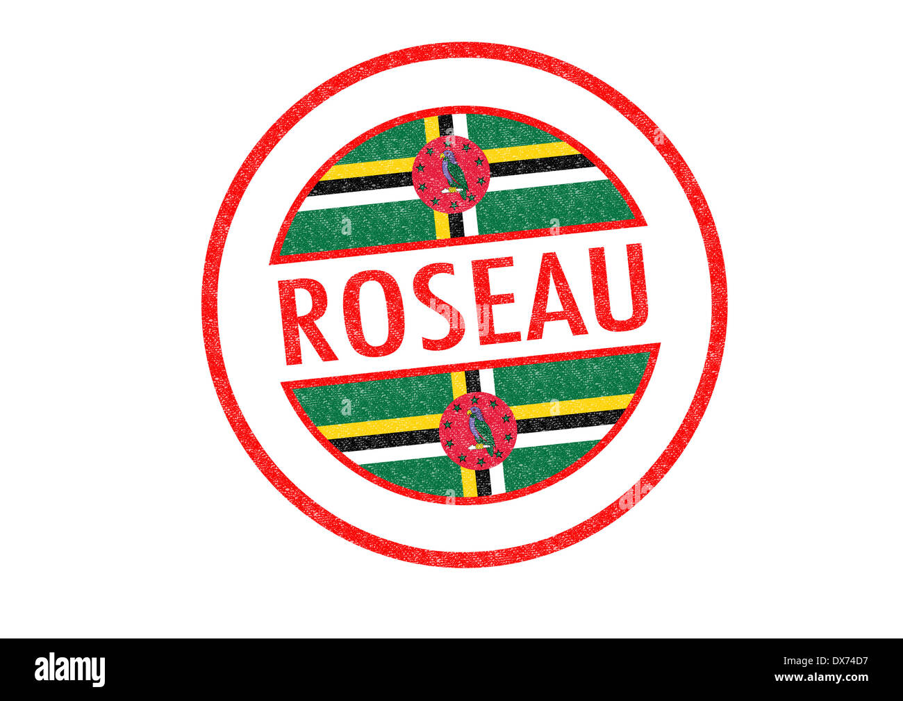 Passportstyle ROSEAU (Dominica) rubber stamp over a white background